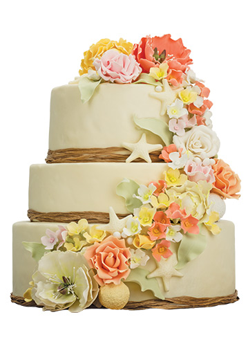 Seeing Stars
Handmade sugar flowers and starfish dress up this
three-tiered beauty. <br> Carolina Sugar Fairy, Delaware beaches, 858.7084, carolinasugarfairy.com