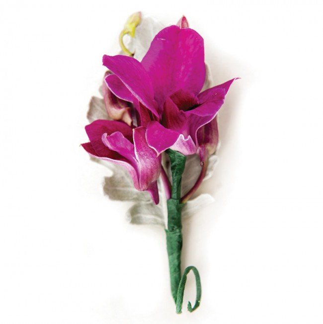 Calypso pink dendrobium orchid with lamb’s ear from Bloomsberry Flowers.
