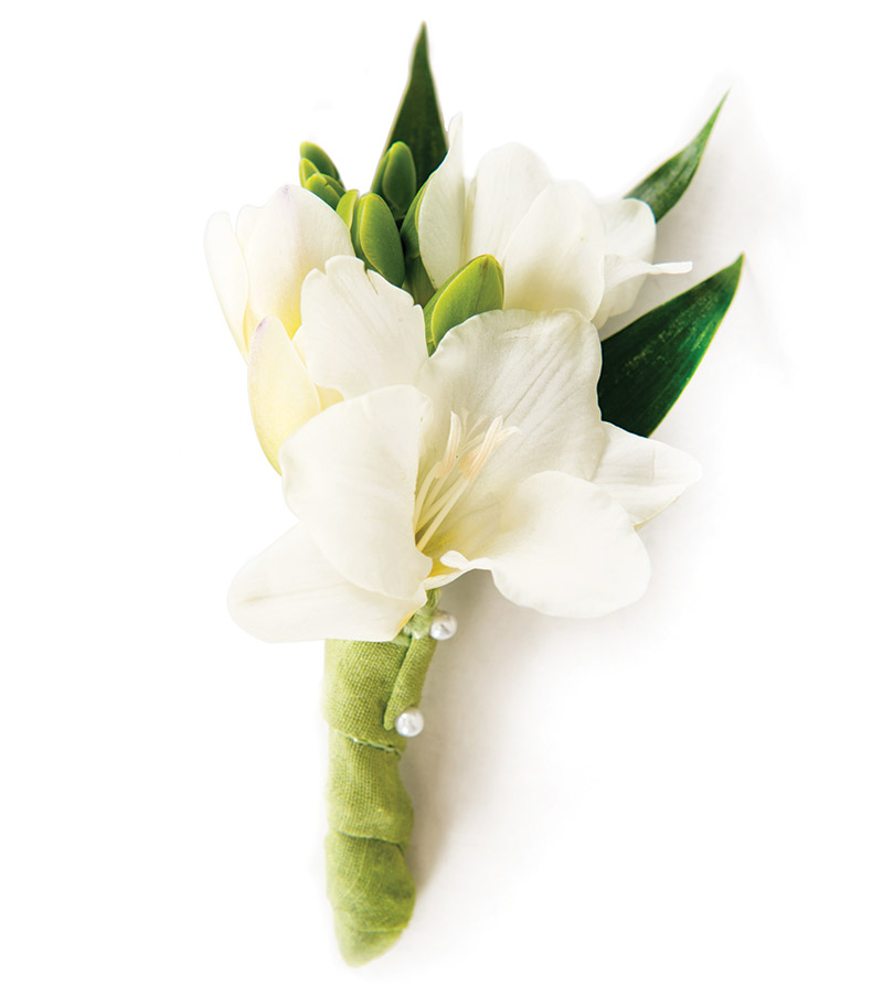 <strong>Blooms for the groom: Colorful Boutonnières add pizazz while complementing the bride’s bouquet.</strong>
<br/>
Freesia from Valley Forge Flowers in Wayne, Pa.
