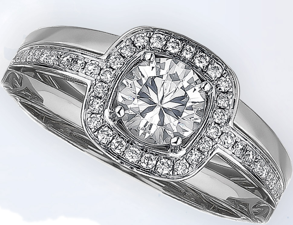 White gold semi-mount Eclipse with pave-set cushion halo top by Frederic Sage, $2,595, Sayers Jewelers & Gemologists
