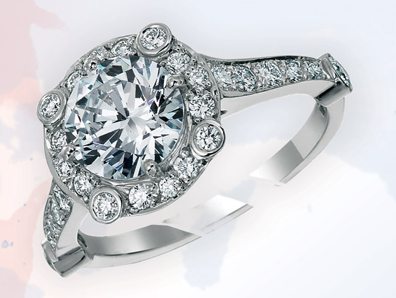  Platinum mounting combines classic bead setting with bezel set diamonds at the corners. Walter J. Cook Jeweler
