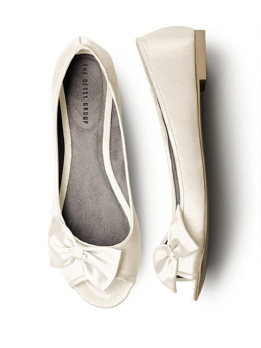 The Dessy Group Satin Peep Toe Bridal Ballet Wedding Flats. $32. Available at <a href="https://dessy.com/accessories/satin-peep-toe-bridal-ballet-flats/#.V7Nmn5ODGkq">Dessy</a>.