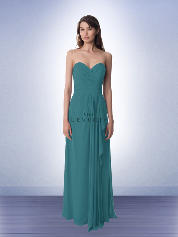 4. A trendy way to show off your bridesmaids’ individuality is to mix and match styles. These Bill Levkoff gowns are a great option. When trying to mix styles, Wilson suggests sticking with the same designer and looking for similar silhouettes, but choosing a different neckline for each bridesmaid’s comfort. High neck dresses are great for women with larger busts while ruffles can be a nice way to balance out a bridesmaid’s beautiful curves. // Bill Levkoff, Style 768, $216