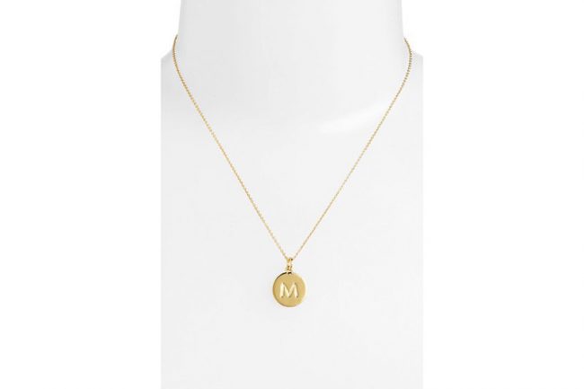 2. Personalized Initial Necklaces
This initial necklace from classic brand Kate Spade has “One in a million” engraved on one side and a bridesmaid’s first initial on the other. She’ll think of you every time she looks in her jewelry box. 
Kate Spade New York, “One in a Million” necklace, $58, Nordstrom.com
