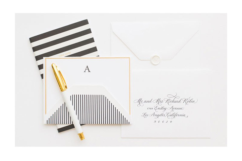 4. Stationery
Gift your ladies with these lovely custom black monogrammed cards. A variety of designs allows you to customize each to your bridesmaids preferences. 
Sugar Paper, Classic Black Monogram, $32, sugarpaper.com
