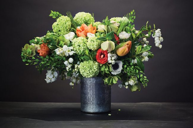 Love ’n Fresh Flowers, Chestnut Hill, lovenfreshflowers.com: Viburnum, ranunculus, hellebore, tulips, cress, anemones and excordia.
