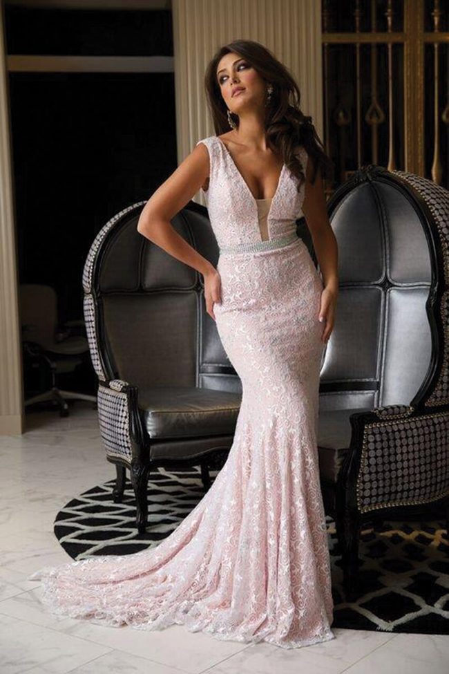 Jovani Style 22917: Blush beaded lace gown features a plunging neckline and beaded belt. Also available in powder blue. $660 at Occasions Boutique, Malvern. 