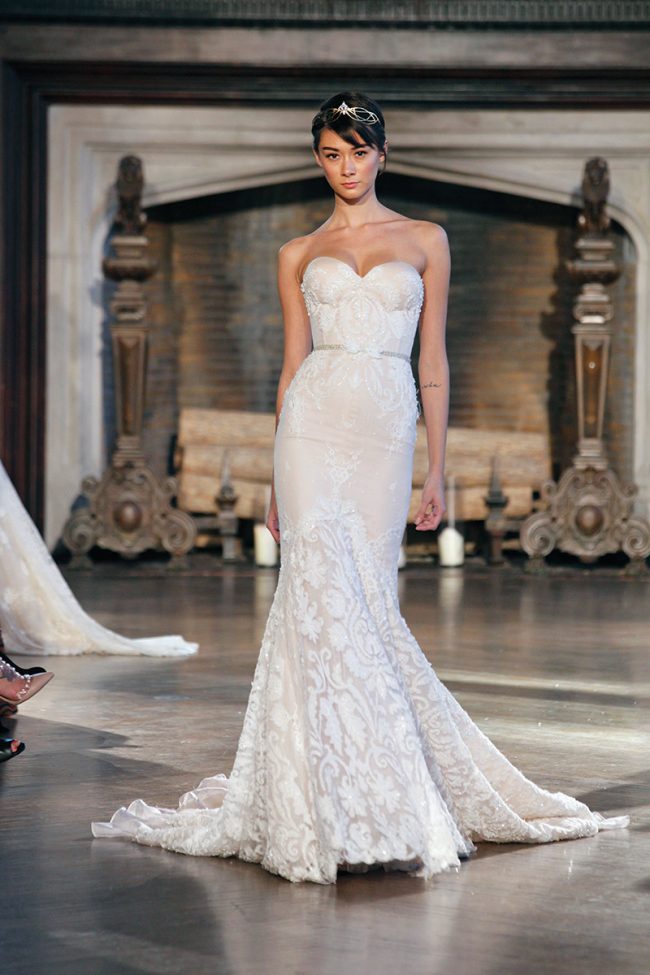 Inbal Dror Style BR-15-16: A strapless mermaid dress is sophisticated in a subtle shade of gold. $9,200 at The Wedding Shoppe, Wayne.