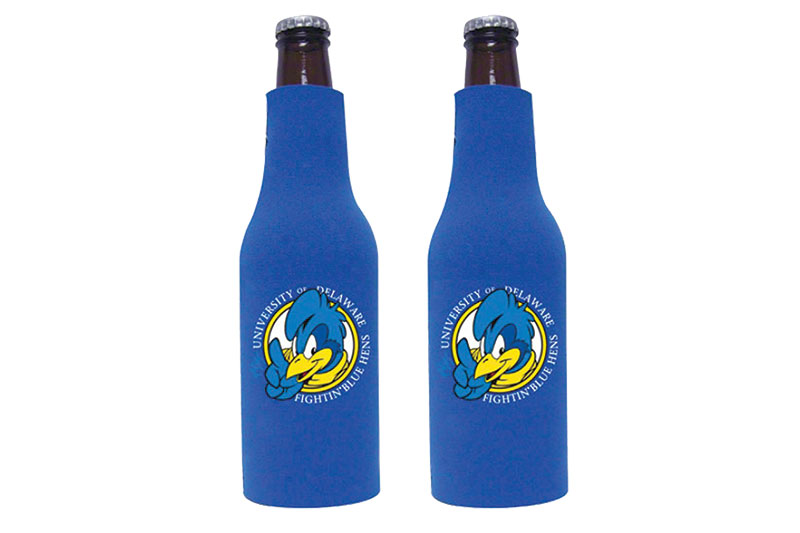 5. Keep Kool:
The blue hen is everywhere in these parts but most out-of-towners are unfamiliar with the flighty fowl. Head back to UD’s campus to score some mighty Blue Hens paraphernalia, like a koozie to keep that yummy beer cold.
UD Athletic Head Bottle Koozie, $5.99; www.national5and10.com 
