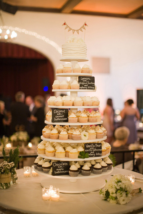 <strong> Cupcake Tower</strong>
This cupcake tower from a rustic Santa Barbara, Calif. wedding includes an assortment of chocolate, vanilla, coconut and lemon flavored cupcakes. The embellished small cake topper adds a touch of tradition. 