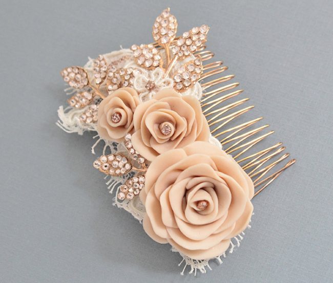 Adorn this chic rose gold hair comb with flowers made of clay. Haute Bride Style HC1007, $285, www.jennifersbridal.com, Jennifer’s Bridal, Hockessin, Del.