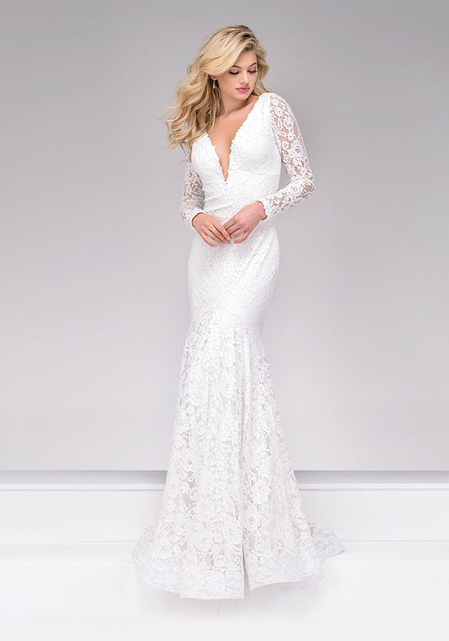 Jovani Style 50026 | This off-white lace trumpet dress features a deep plunging neckline, deep V-back and sheer lace long sleeves. $580, Occasions Boutique, Malvern, Pa., www.occasions-boutique.com