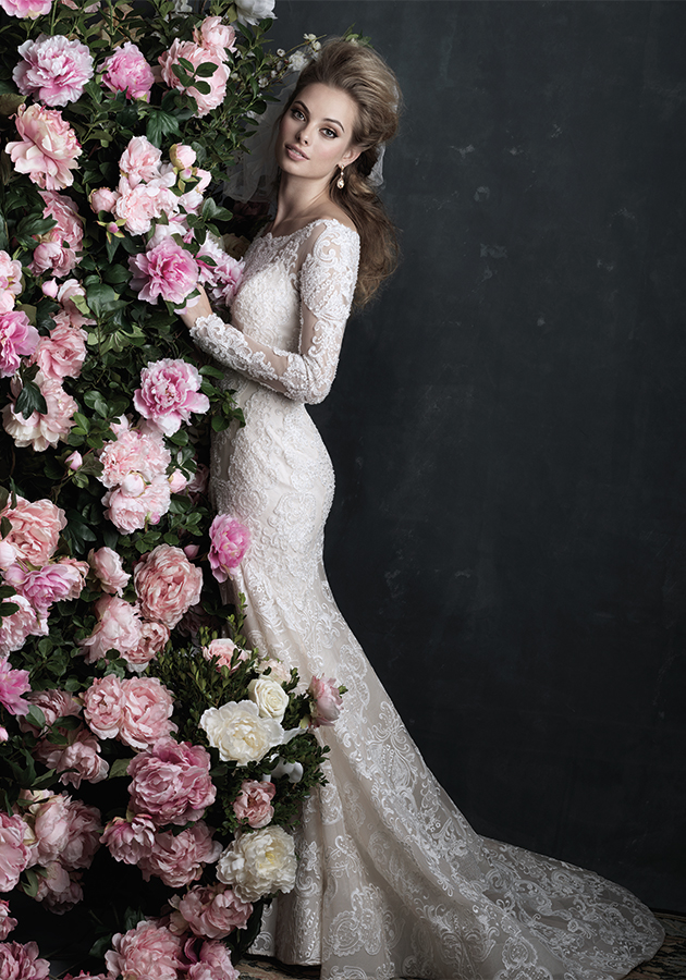 Allure Couture Style C406 | Sheer lace overlays the deep sweetheart neckline of this sleeved sheath. $3,980, Claire’s Fashions, Wilmington, Del., www.clairesfashions.net