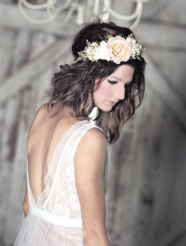 This rustic crown is ivory and blush with hints of green. It comes with an adjustable wire halo and lace ties in the back. Spring Flower Crown, $40, www.etsy.com/shop/LittleLadyAccessory, Little Lady Accessory, Smyrna, Del.