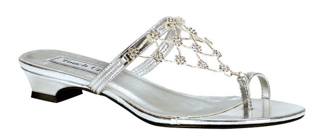 Marcella Sandal By Touch Ups | The modest heel makes this sandal perfect for a beach wedding. The rhinestone accents add a delicate touch. Available in gold and silver, $68, Jan’s Boutique Inc., www.jansboutique.com  