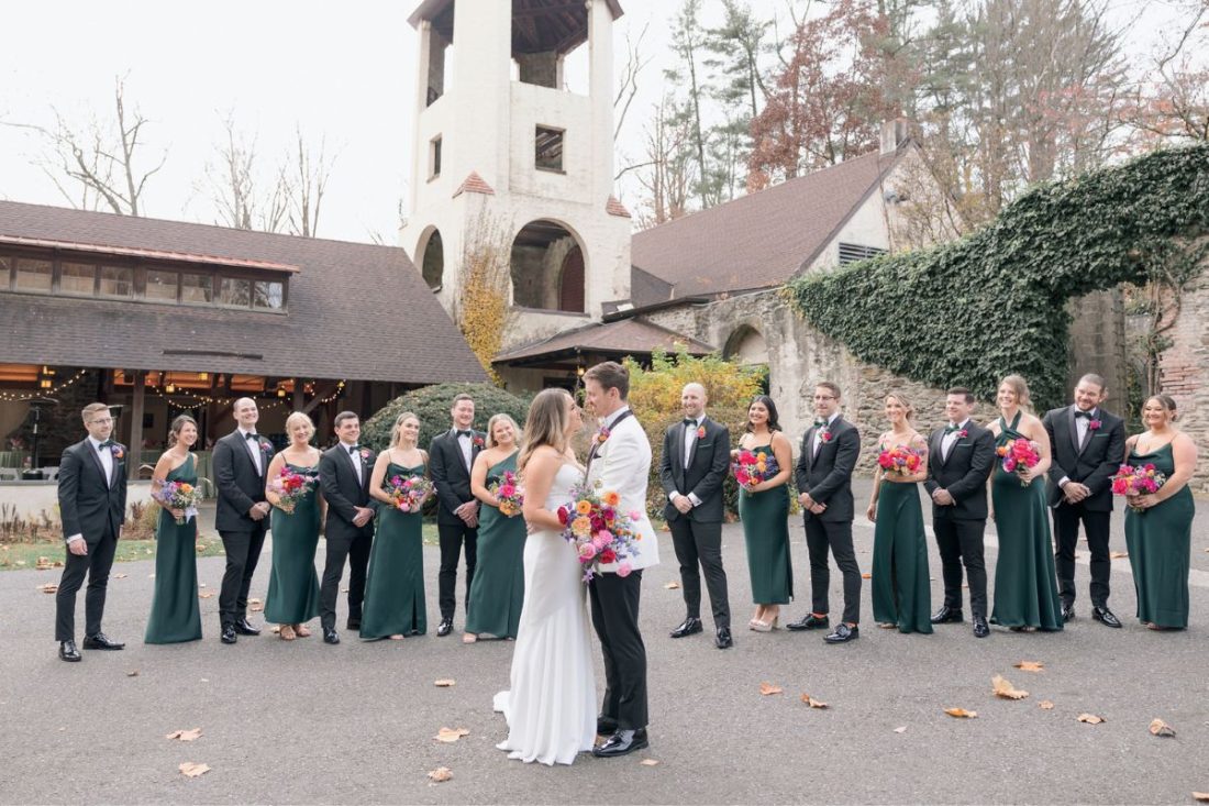 The couple, both teachers, made storybook memories among lush gardens and rustic ruins at The Old Mill in Rose Valley.